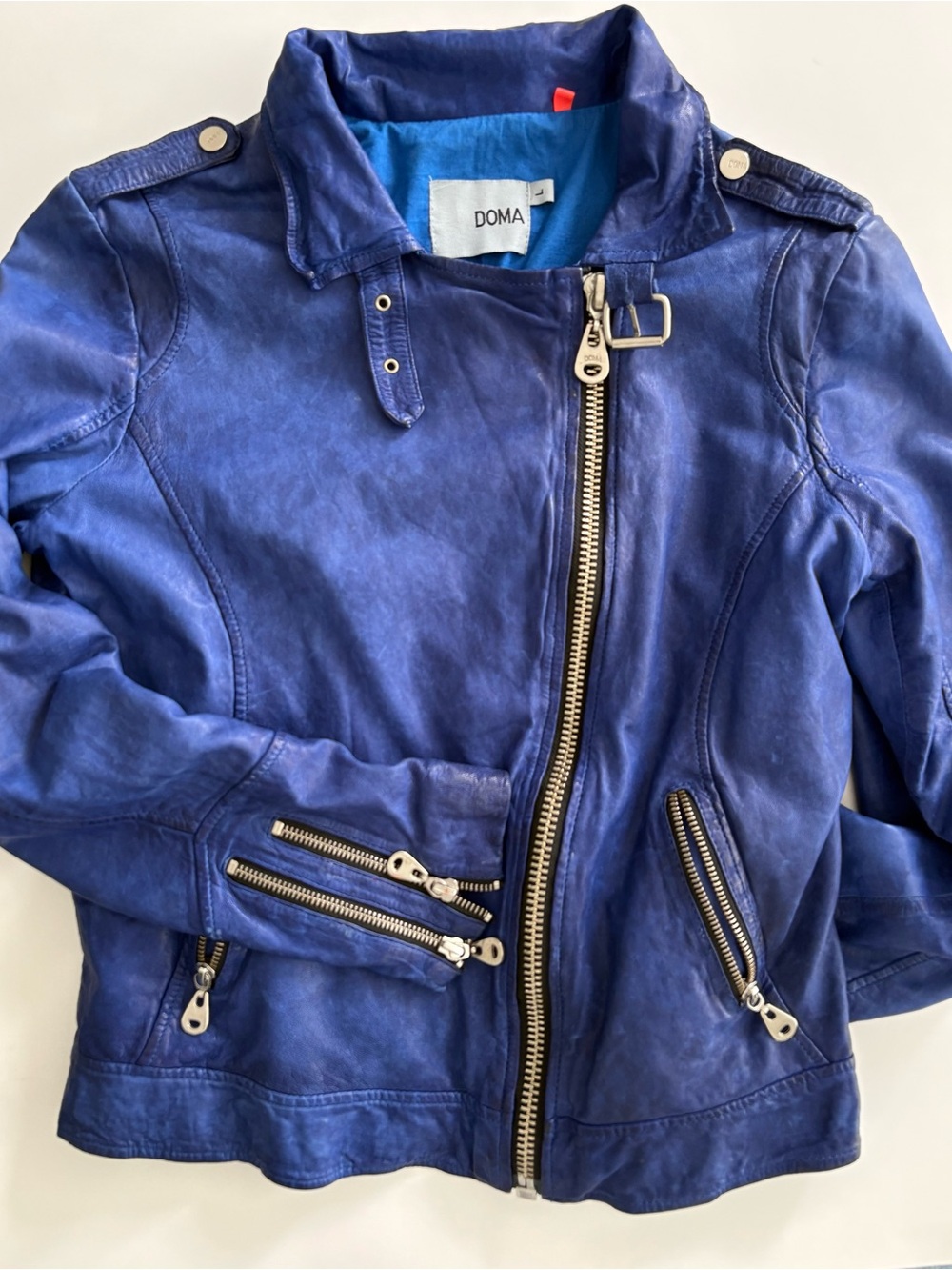 Doma Electric Blue Leather Moto Jacket with Silver Hardware